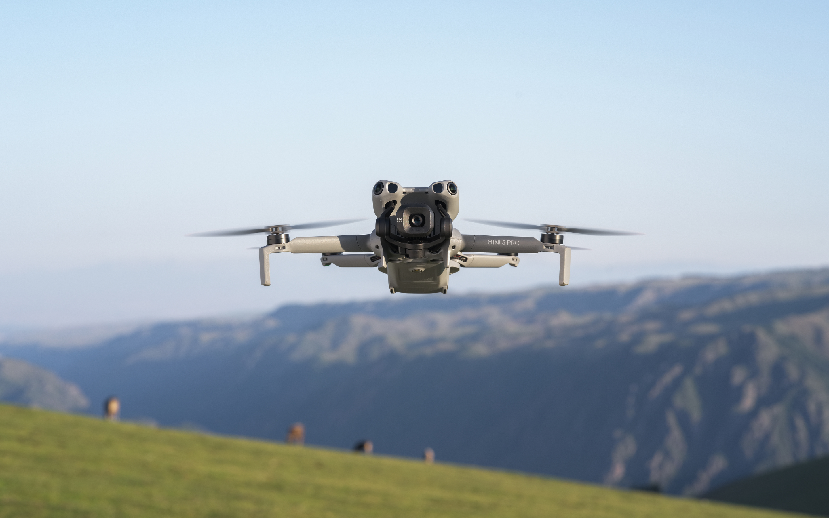 Auf dem Foto sieht man eine fliegende DJI Mini 5 Pro.