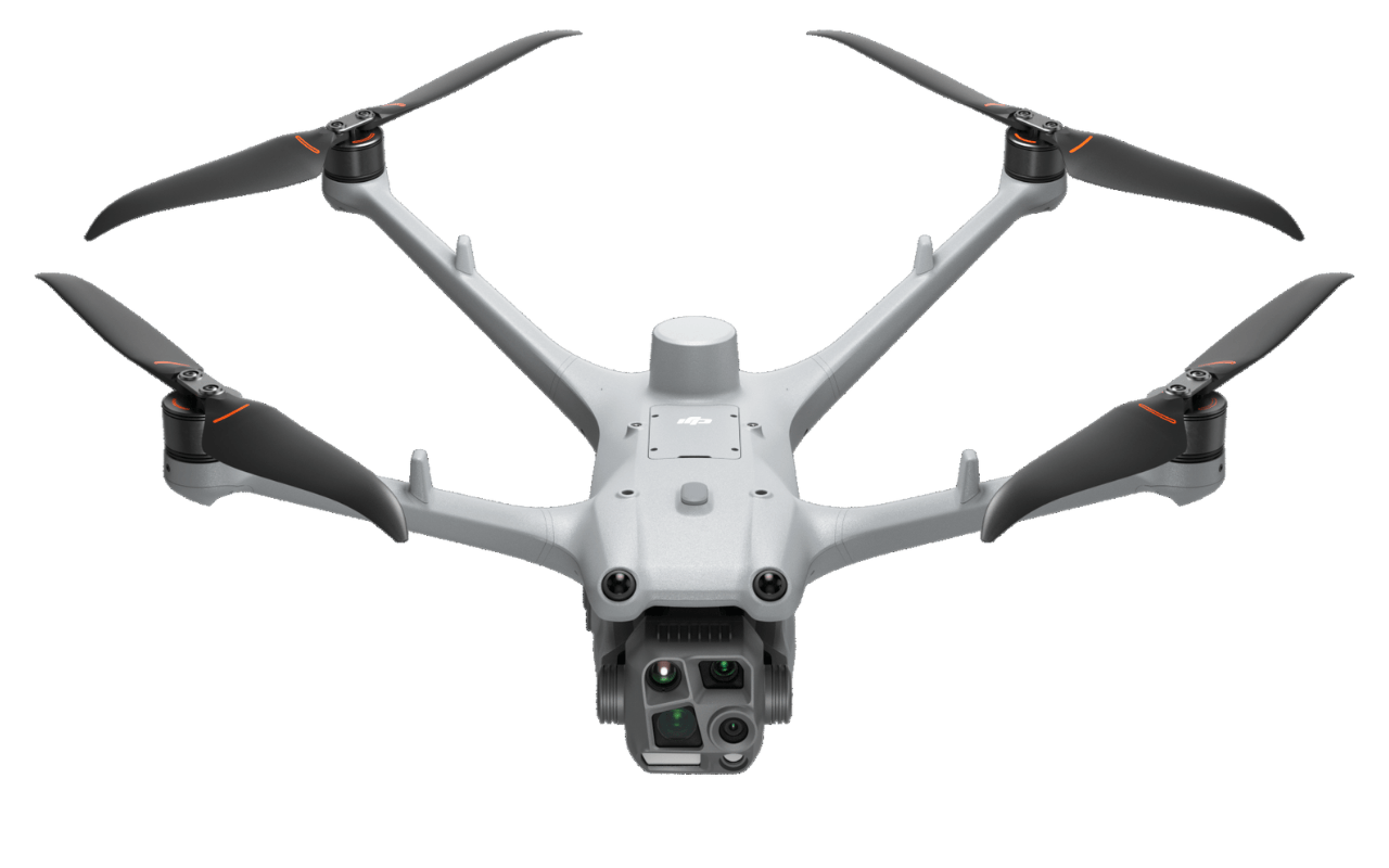 Auf dem Bild ist die DJI Matrice 4TD Drohne in der Frontansicht zu sehen.
