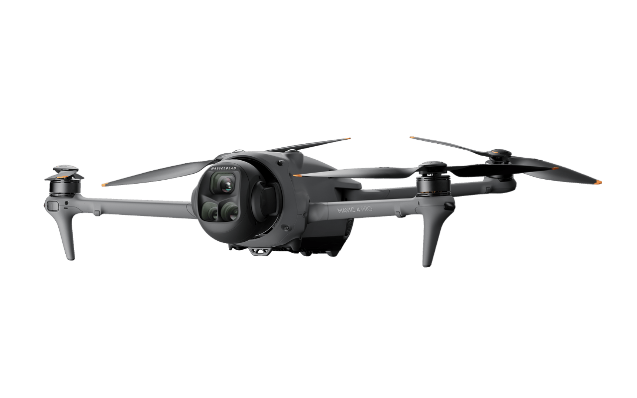 Auf dem Foto ist die DJI Mavic 4 Pro in der Seitenansicht zu sehen.