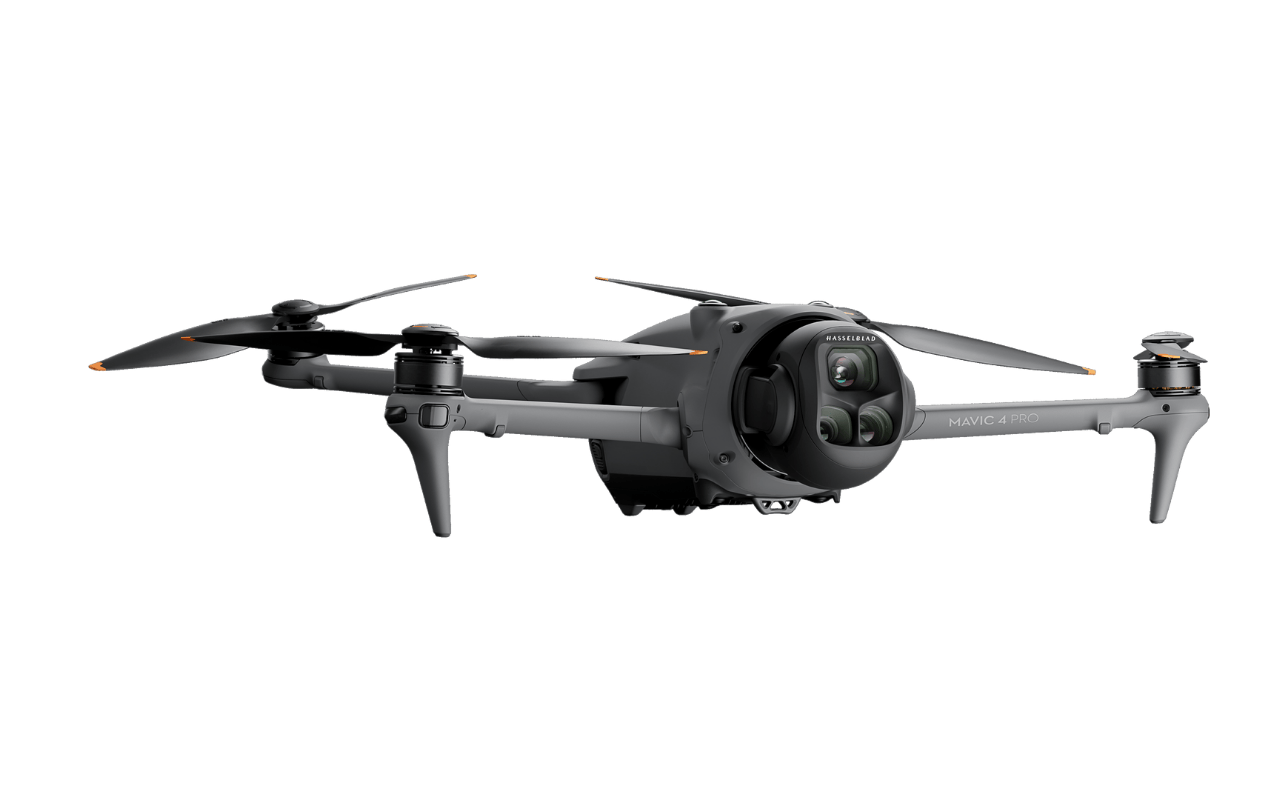 Auf dem Foto ist die DJI Mavic 4 Pro in der Seitenansicht zu sehen.