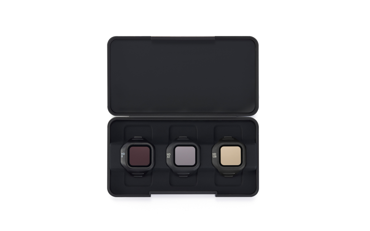 Auf dem Foto ist ein ND Filter Set für die DJI Mini 5 Pro in der Frontansicht zu sehen. Die Aufbewahrungsbox ist geöffnet.